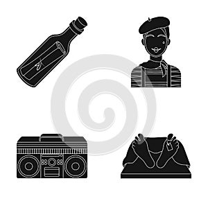 Bottle with a note, Frenchman and other web icon in black style. tape recorder, corpse in the morgue icons in set