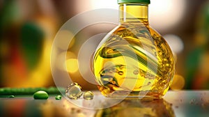 Bottle of oil, likely olive or vegetable oil, sitting on top of table. There are also two small droplets of oil visible