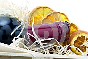 Bottle of old red wine in gift wooden box