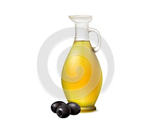 Bottle of olive oil with black olives on white background