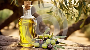 bottle of olive oil and branch with olives