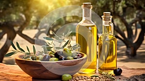 bottle of olive oil and branch with olives