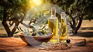 bottle of olive oil and branch with olives