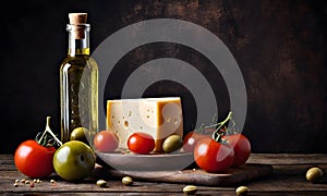 Bottle of olive oil with cheese, olives and tomatoes on a wooden table. Conceptual food photo