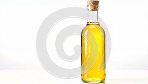Bottle of olive oil with cork lid on white background, culinary elegance photo