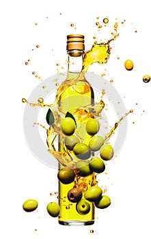 bottle with olive oil and green fruits of olives, liquid spilling through the glass and oil splashes around. fresh healthy food