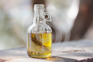 Bottle with olive oil and green rosemary sprig