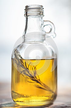 Bottle of olive oil with green rosemary sprig