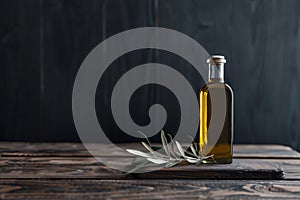 A bottle of olive oil with olive branch on a wooden table and dark background with copy space. Healthy food concept. Ai generated