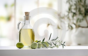 bottle olive oil and olive branches on white wooden table over light kitchen background