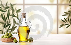 bottle olive oil and olive branches on white wooden table over light kitchen background