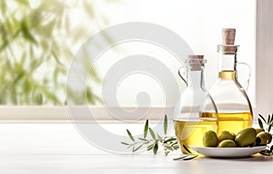 bottle olive oil and olive branches on white wooden table over light kitchen background