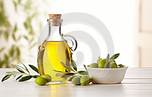 bottle olive oil and olive branches on white wooden table over light kitchen background