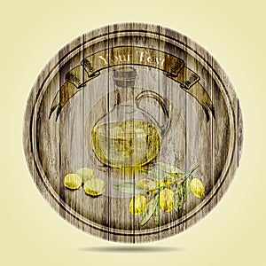 Bottle of olive oil, olives and olive branch on wooden background.hand drawn