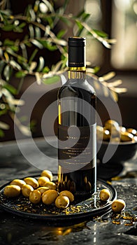 Bottle of olive oil and olives on a plate with an olive branch., Generated AI