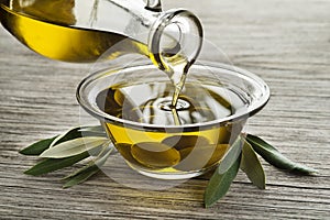 Bottle of Olive oil pouring in glass with olives