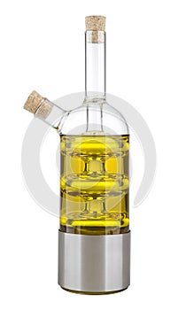 Bottle of olive oil with two necks and cork stoppers