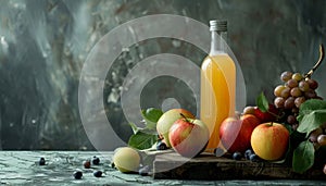 A bottle of orange juice sits on a table next to a pile of apples by AI generated image