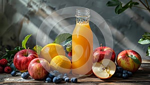 A bottle of orange juice sits on a table next to a pile of apples by AI generated image