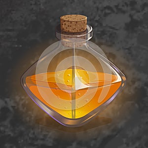 Bottle with orange potion. Game icon of magic elixir.