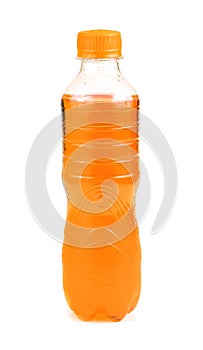 Bottle with orange soda on white background