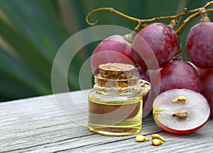 Bottle of organic grape seed oil for spa and bodycare and fresh ripe grapes berries on old wooden table.