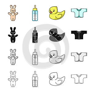 A bottle with a pacifier for feeding, a children`s loose shirt, bunny and duckling toys. Care for a child set collection