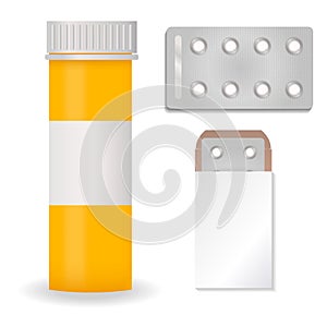 Bottle pack template mockup blank pharmaceutical blister of pills and capsules tube container for drugs clean plastic