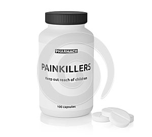 Bottle with painkiller tablets isolated on white background