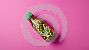 A bottle of peas on a pink background