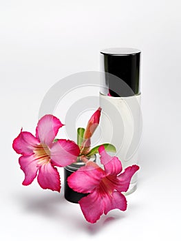 Bottle of perfume and adenium flower isolated