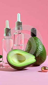 Bottle of perfume. Avocado oil cosmetic pipette with drops of oil.