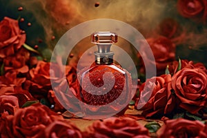 bottle of perfume on a background of red roses. AI generated