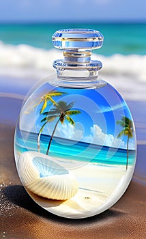 Bottle of perfume on a blurred tropical ocean beach background.Concept of selective perfumery.