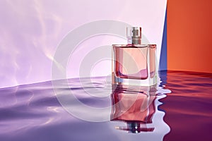 A bottle of perfume on a colorful background with hard shadow and water reflection. Minimalism style. AI generated