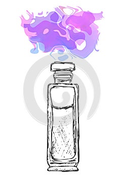 A bottle of perfume drawn by hand. Calligraphy. Color spray, paint stains. Evaporating fragrance.