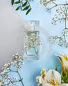 Bottle perfume flower composition romance beautiful springtime scented product springtime elegance a colored background