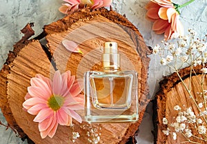 Bottle perfume flower decorative aromatherapy on a concrete background