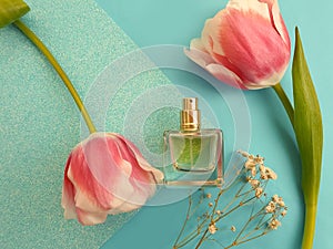 Bottle perfume flower   female  atomizer  beauty    floral   product  template  tulip  colored background glamour