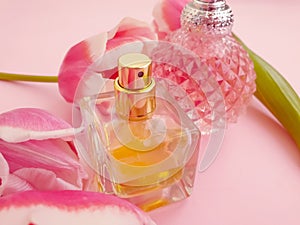 Bottle perfume flower tulip container on colored background