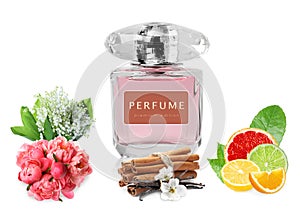 Bottle of perfume, flowers and spices on white background, collage