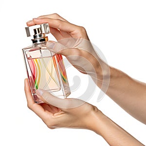 Bottle of perfume held by hands isolated on white background