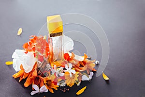 Bottle of perfume with ingredients