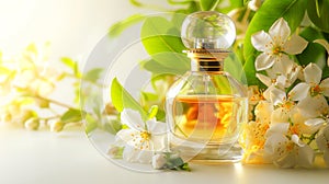 A bottle of perfume with jasmine flowers. Delicate feminine scent concept