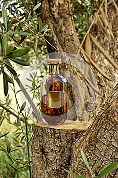 Bottle of Perfume through olives tree above trunk, Perfume in elegant container. The concept of perfumery and beauty.