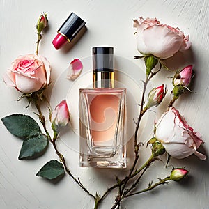 A bottle of perfume and a red lipstick surrounded by roses.