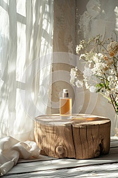 Bottle of perfume rests on wooden table near vase of flowers, product showcase podium in rustic style