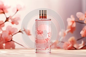 bottle of perfume with rose petals, pink background and cherry blossom