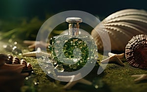 Bottle of perfume with shells on green grass. Shallow depth of field, Generative AI