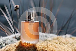 A bottle of perfume is sitting on a patch of grass